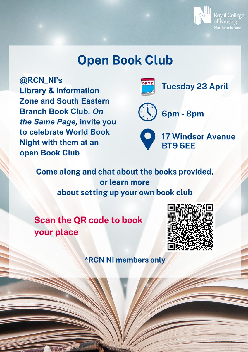 Along with our lovely friends @RCN_NI's SE Branch Book Club, we are hosting an open Book Club to celebrate #WorldBookNight. To book, scan the QR code in the flyer attached, or go to: rcn.org.uk/news-and-event…