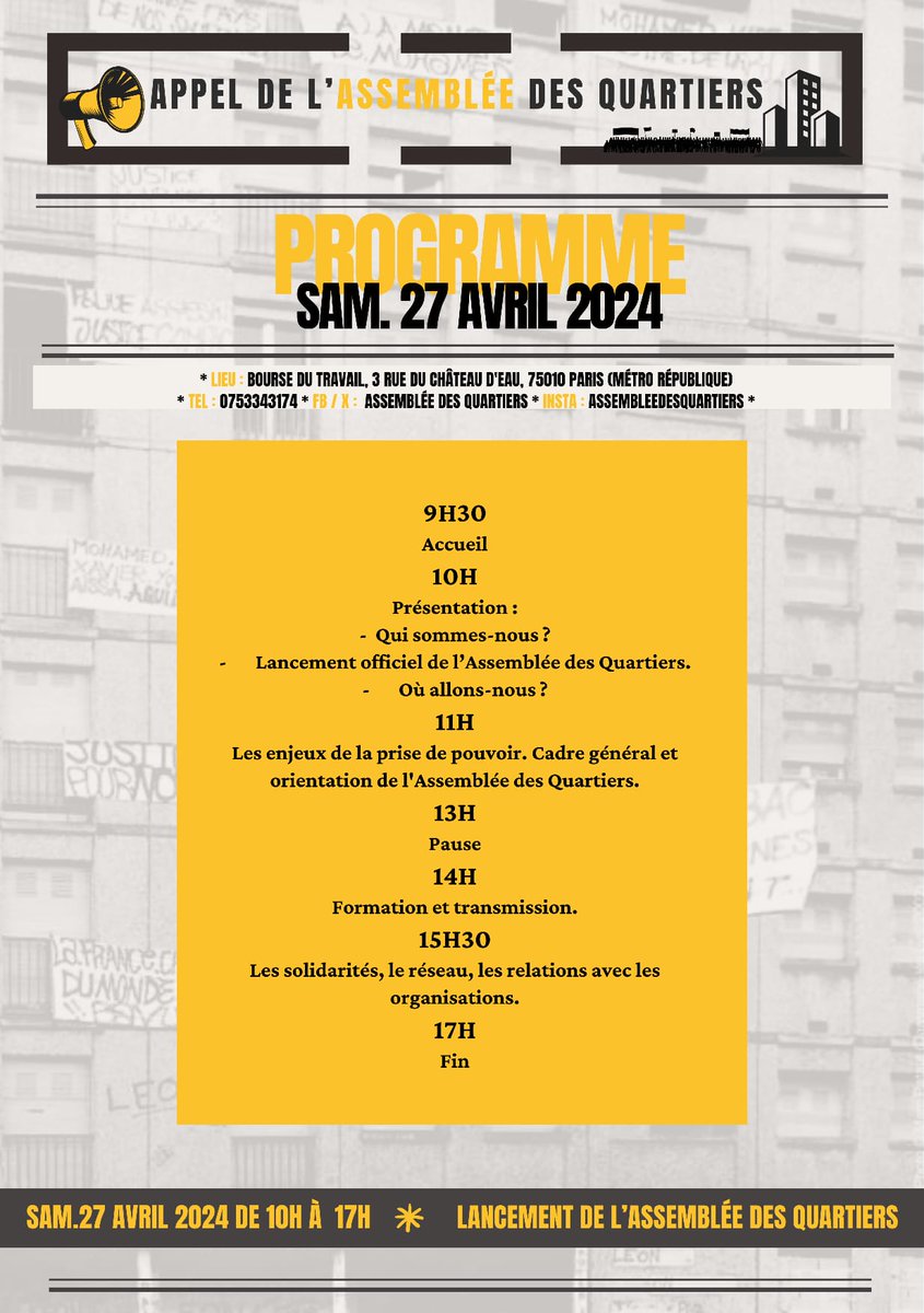 IMPORTANT ! RDV le 27 avril pour construire L'Assemblée des Quartiers. Une nouvelle organisation politique. 'Le drapeau des quartiers est à terre, à nous de le replanter au cœur de la cité'.