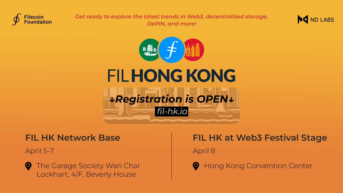 At FIL Hong Kong, brought to you by @imNDLABS, join us for exciting talks focused on Web3 trends, decentralized storage, DePIN, and more. Filecoin storage providers, grab your spot: bit.ly/3VoMitJ