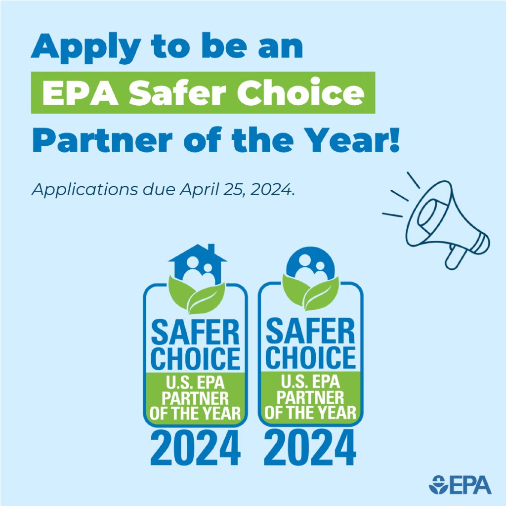 Are you doing amazing work developing, selecting, promoting or using Safer Choice- or Design for the Environment (DfE)-certified products? Apply to be a 2024 Safer Choice Partner of the Year award winner! epa.gov/saferchoice/sa…
