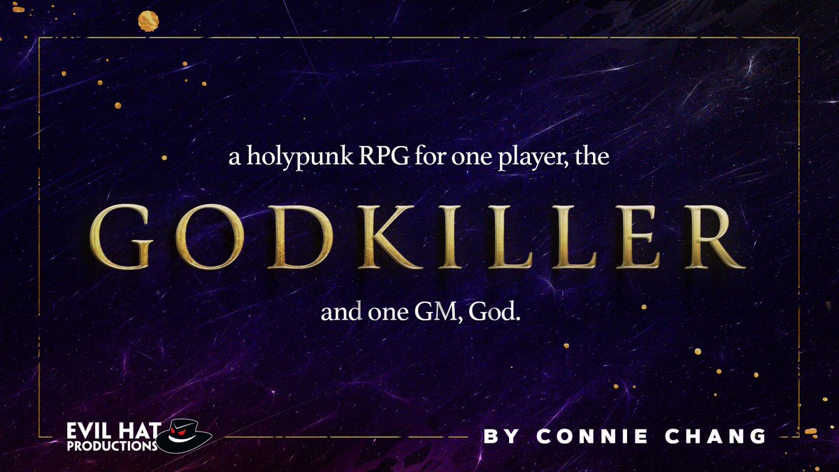 It’s my birthday, which means I’ve got a big ol’ present for y’all: GODKILLER is officially being published by @EvilHatOfficial! 🗡️🩸 The full book will include additional character options, GM tools, setting details, and new system variants for SOLO and MULTIPLAYER games!