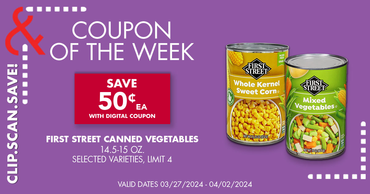 Can eating healthy be easy? It sure CAN! This week save 50 cents on First Street Canned Vegetables when you shop with this Digital Coupon.​ bit.ly/484nVUV