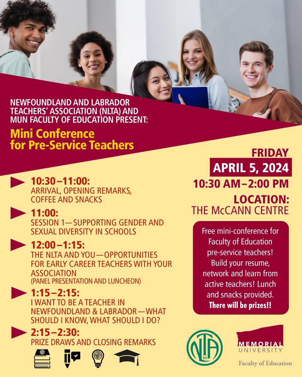 Join us Friday, April 5 from 10:30 a.m. - 2 p.m. for a free Pre-Service Teacher Mini Conference, presented in partnership with the @NLTeachersAssoc. Build your resume, network and learn from current educators. RSVP by Sunday, March 31: mun.az1.qualtrics.com/jfe/form/SV_ct…