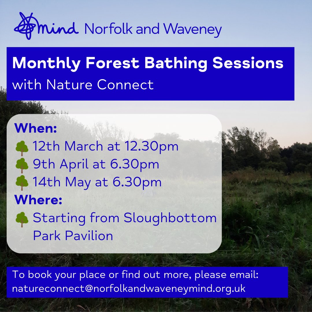 Join Nature Connect and take a gentle circular mindful stroll lasting about 1 hour 15 minutes, incorporating elements of the Japanese practice of shinrin – yoku or ‘forest bathing’🌳 To book a place, contact Lucy at natureconnect@norfolkandwaveneymind.org.uk or on 07719971911