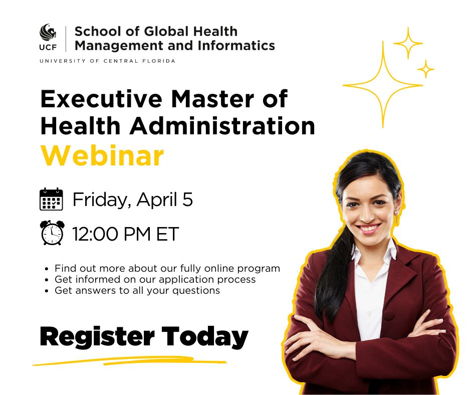 Sign up for our next information session exploring our fully online Executive MHA program. 🗓 Fri, 4/5/24 ⏰12:00 PM ET 💻 Register now! buff.ly/3PTzKqf #ExecutiveMHA #HealthAdministration #InfoSession #UCFSGHMI #UCFCCIE #UCFWebinar