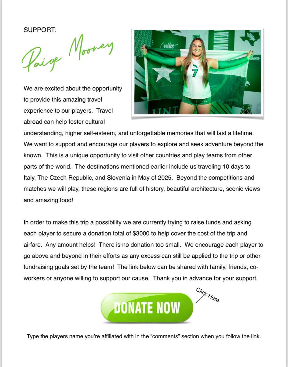 Hi everyone!! The UNT volleyball team is working to raise money so we can take a trip to Europe to compete and travel the world! Any donation is greatly appreciated, our end goal is $3000. Press the link if you would like to donate❤️ 
meangreensports.evenue.net/www/ev_unt-ath…