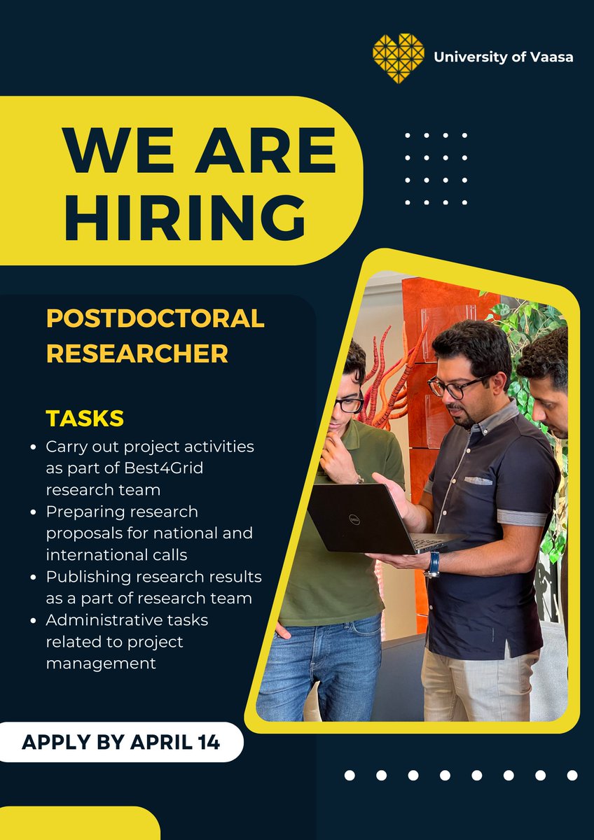 We are #Hiring a #postdoctoral researcher! 

You will be working on project titled "Vehicle battery storage for green transport and grid stability in the Nordics” (Best4Grid, 2024-2026). 

More information and apply via following link:
uva.rekrytointi.com/paikat/?o=A_A&…

#postdoc #position