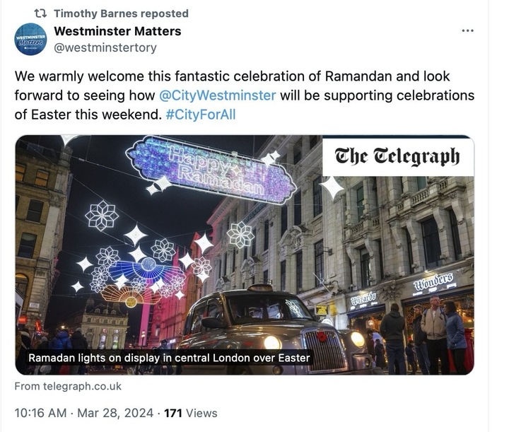 I join the local Conservative candidate in welcoming celebration of 'Ramandan' and equally hope everyone participating enjoyed Honli earlier this week, and all christians enjoy a happy Eanster
