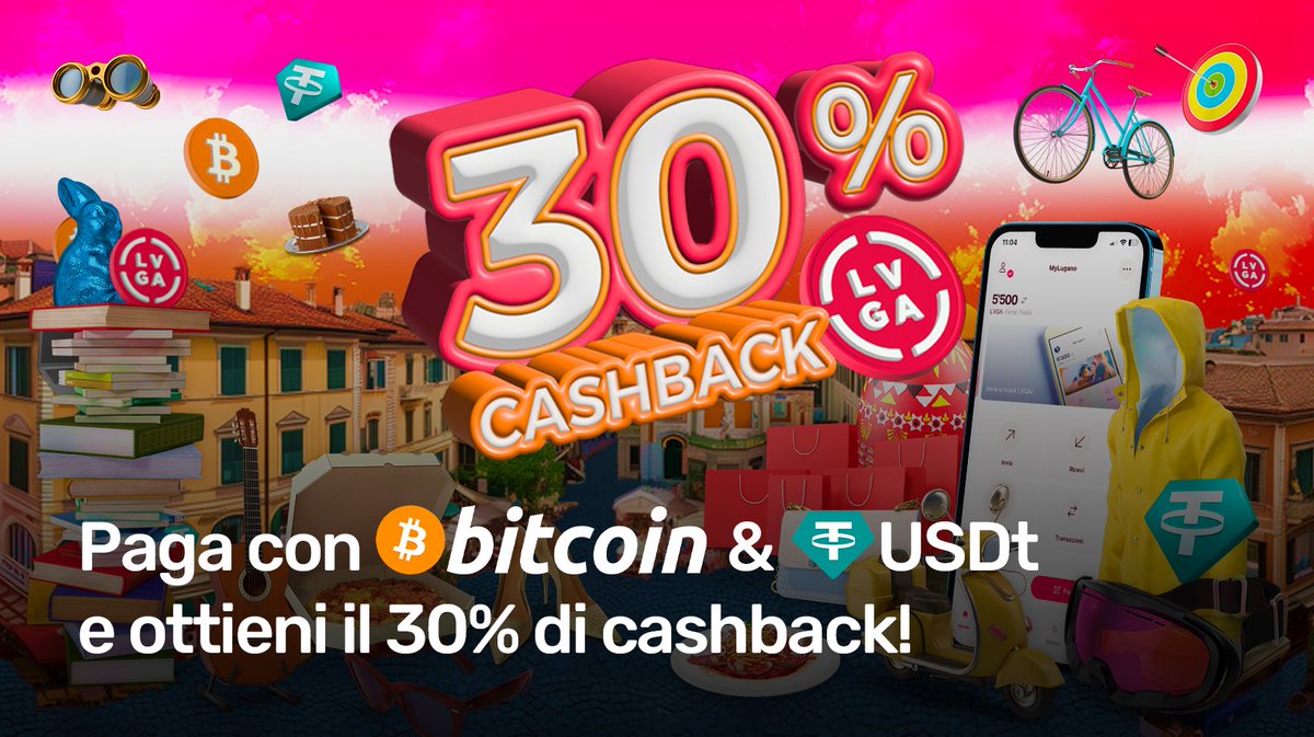 Dall'1 al 30 aprile potrai ottenere il 30% di cashback sui tuoi acquisti pagando con #bitcoin o USDt in oltre 300 negozi a Lugano! 🇨🇭🤯👏 #LuganoPlanB