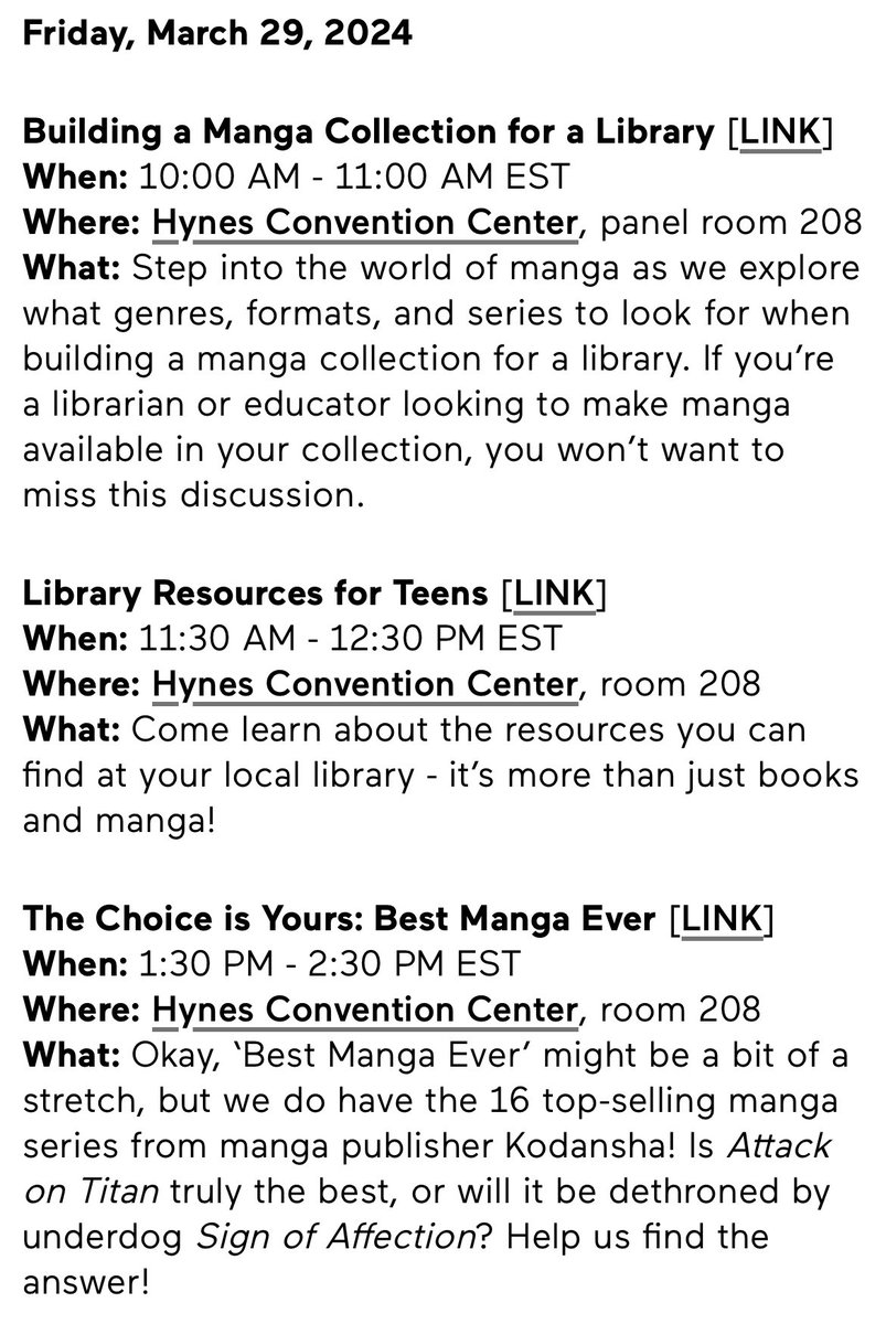 Boston bound for 24 hours! If you’re at @AnimeBoston, come say hi to @WyattTran3 @JRLibrarian and I and learn about how to build a robust collection of @KodanshaManga in your library at these educator and librarian-focused panels!