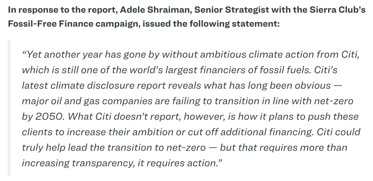 bmcushing's tweet photo. 🆕: @Citi revealed today for the first time its assessment of the net-zero transition plans of some of its highest-emitting clients. It shows a dismal few fossil fuel clients are adequately aligned (surprise! 😒).

Statement from @SierraClub's @ajshraiman: https://t.co/wFhxBVltAZ https://t.co/fkDNwpHwdL