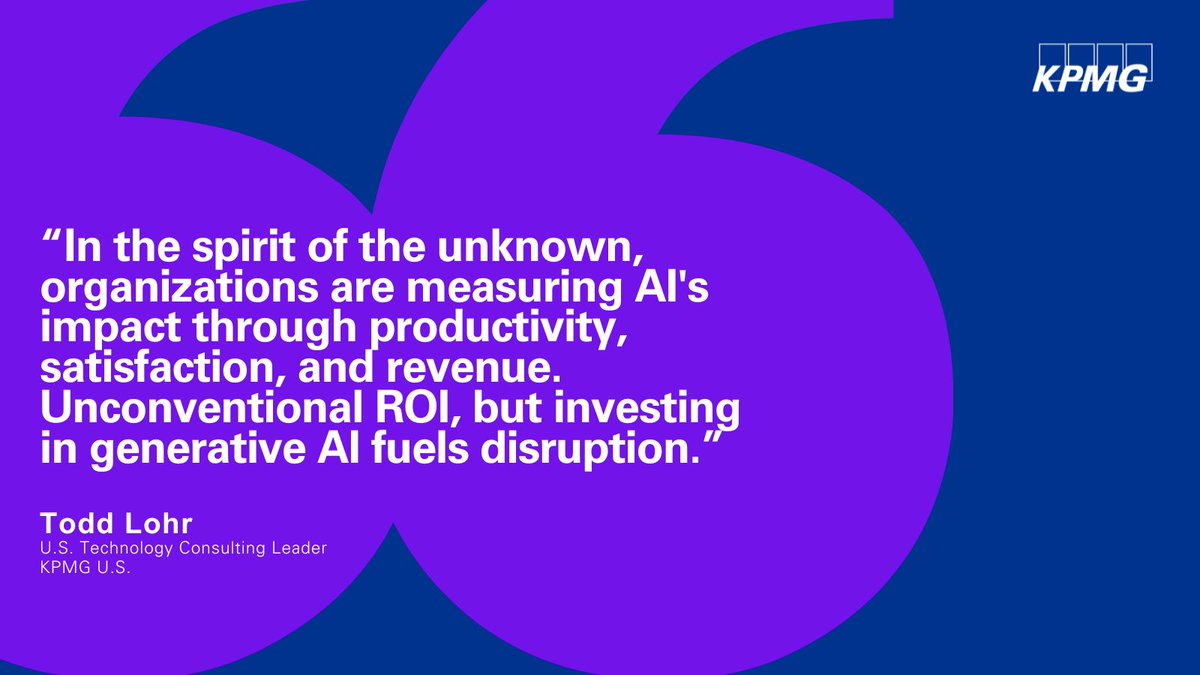 KPMG's AI Quarterly Pulse Survey reveals insights from top execs on driving ROI from #GenAI investments. US Tech Consulting leader, Todd Lohr, discusses navigating disruption in @WSJ: ow.ly/Yi1w50R4o0V