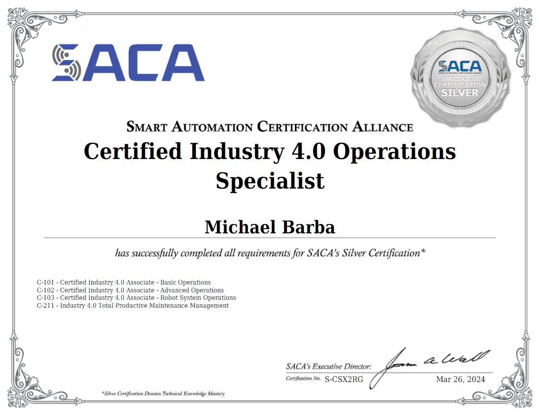 Bphs_ARM's tweet photo. Congrats Michael of @BuenaParkHS for becoming the 1st high school student in California to earn the @SACAcerts Certified Industry 4.0 Robotics and Operations Specialist Certifications which are awarded to individuals who complete a series of specific certifications. #Industry40 https://t.co/eyVwSKO4kf