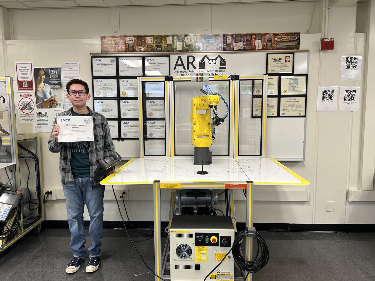 Bphs_ARM's tweet photo. Congrats Michael of @BuenaParkHS for becoming the 1st high school student in California to earn the @SACAcerts Certified Industry 4.0 Robotics and Operations Specialist Certifications which are awarded to individuals who complete a series of specific certifications. #Industry40 https://t.co/eyVwSKO4kf