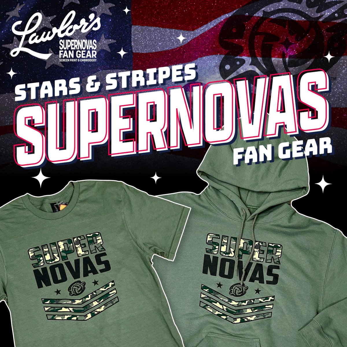 LawlorsCustom's tweet image. ⭐🏐 Stars &amp;amp; Stripes Match is coming so get your fan gear today! Available at the arena, in-store or online!
TShirts &amp;amp; Hoodies 👉 lawlorscustom.com/supernova
@OmahaSupernovas #OmahaSupernovas #NeProVB