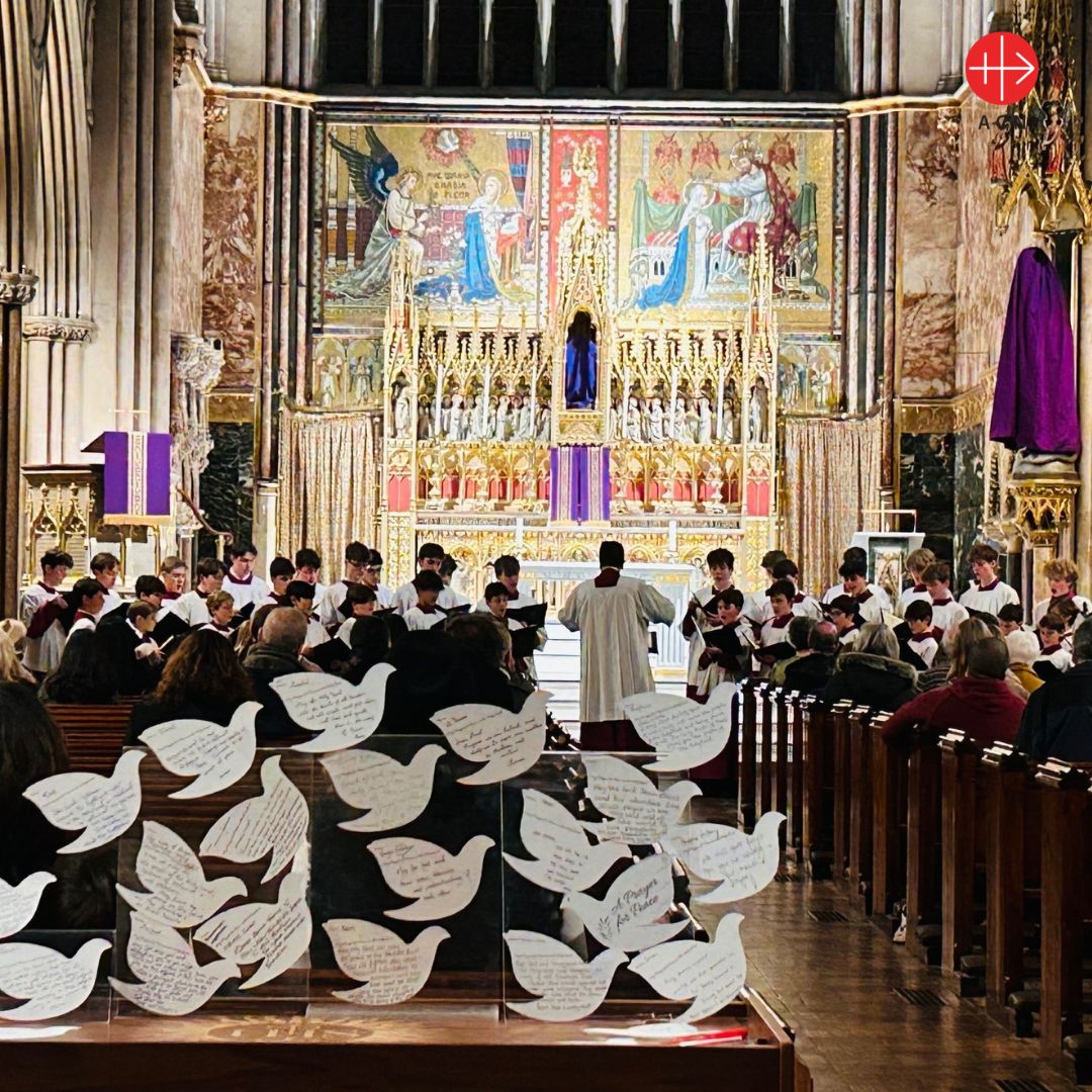 A flock of peace doves with prayers for the Holy Land from our thoughtful benefactors joined the congregation at Farm Street yesterday. #prayer #prayerdoves #holyland #prayforpeace #lentenservice #lent #easter #acnuk