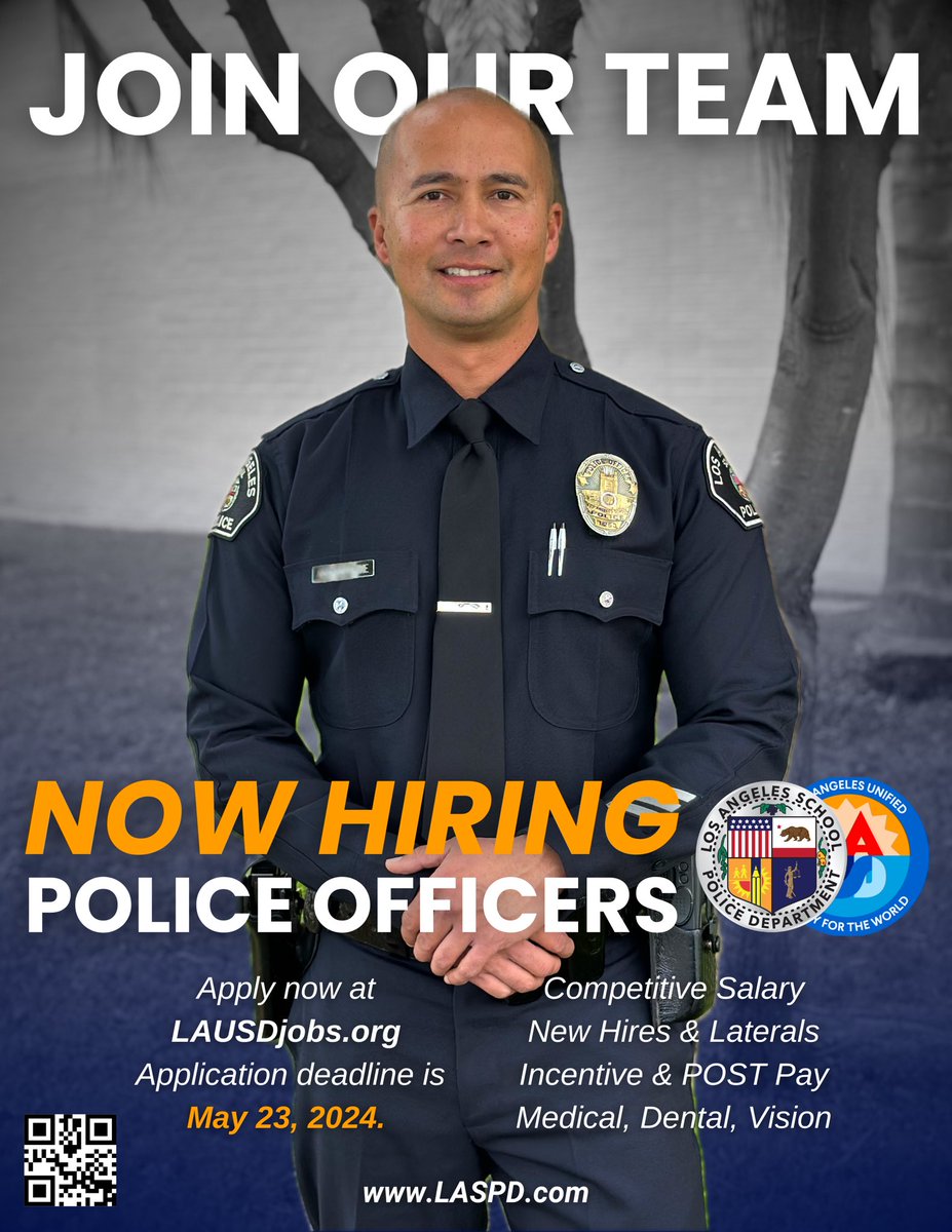 🔔NOW HIRING🔔 Head on over to LASPD.com & click #JoinOurTeam to learn more! ✅Entry Level & Lateral Police Officers ✅PELLET B T-Scores accepted ✅Competitive salary & excellent benefits ‼️Application deadline is May 23, 2024‼️ #LASPD #ServingTheFutureToday