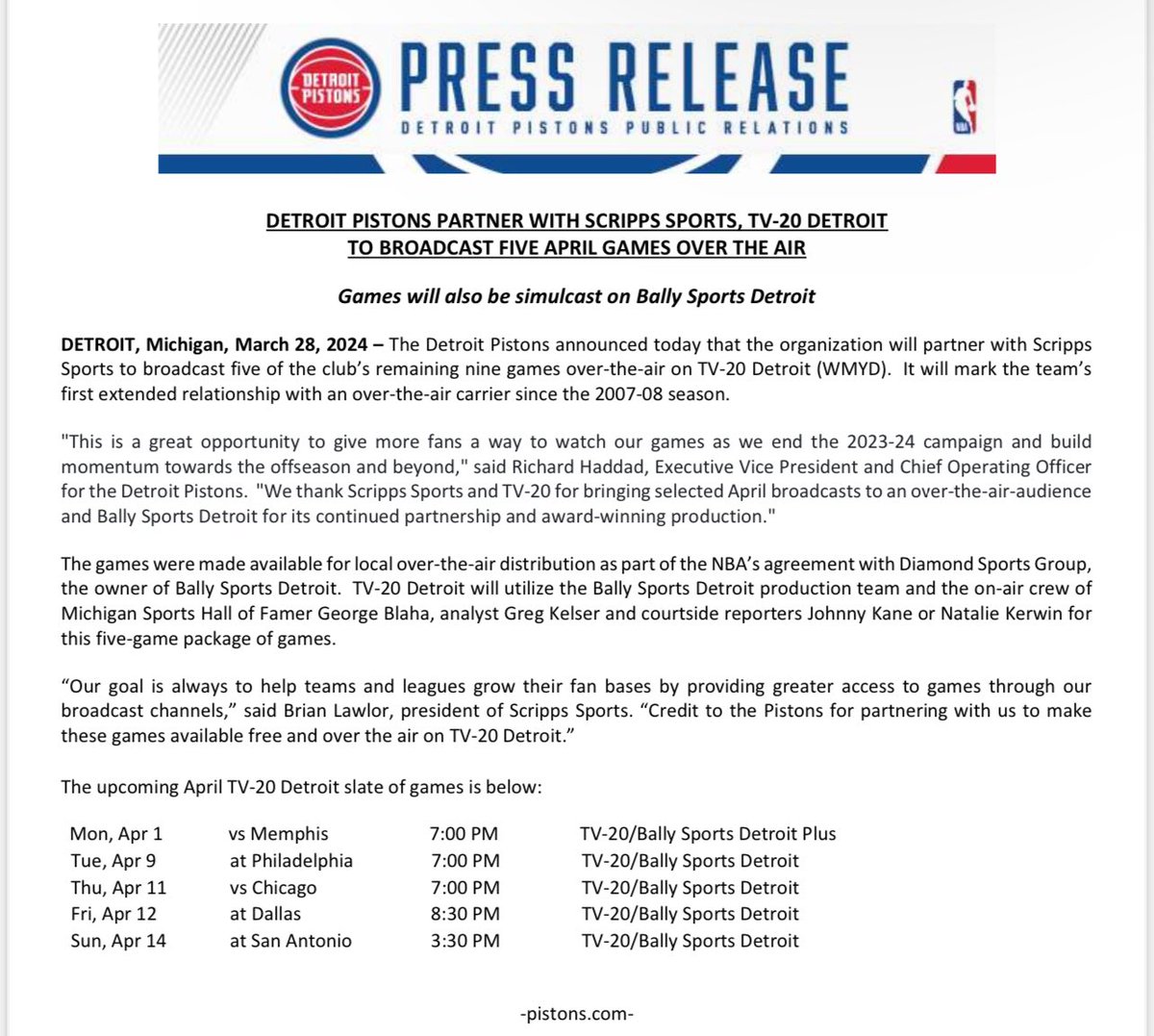 The @DetroitPistons announced today that the organization will partner with Scripps Sports to broadcast five of the club’s remaining nine games over-the-air on TV-20 Detroit (WMYD).