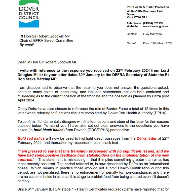 🚨🚨 Must-read letter by Lucy Manzano head of @Port_of_Dover Health Authority to @CommonsEFRA absolutely obliterating @DefraGovUK's plans for the implementation of the UK Border Controls. Tldr; this looks to be a real disaster. #BrexitReality committees.parliament.uk/publications/4…