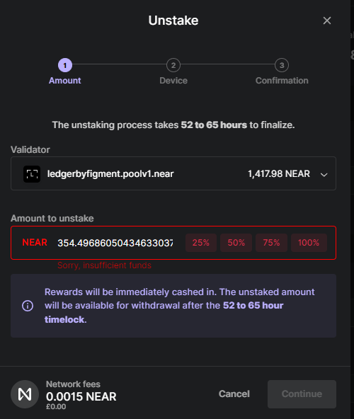 Mcfattis's tweet photo. @Ledger_Support Hi, any idea why I can't unstake my NEAR says insuffient funds, I have 6 NEAR in wallet for fees. https://t.co/XHTpx5LPln