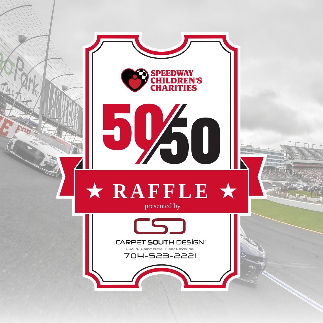 SCC🤝Carpet South Designs We're excited to introduce the 50/50 Raffle presented by Carpet South Designs! 💸 Find us at the NHRA 4-Wide Nationals, Coca-Cola 600, & online to claim your chance to WIN BIG and help kids in Charlotte!❤️ #kidswin // #americashomeforracing