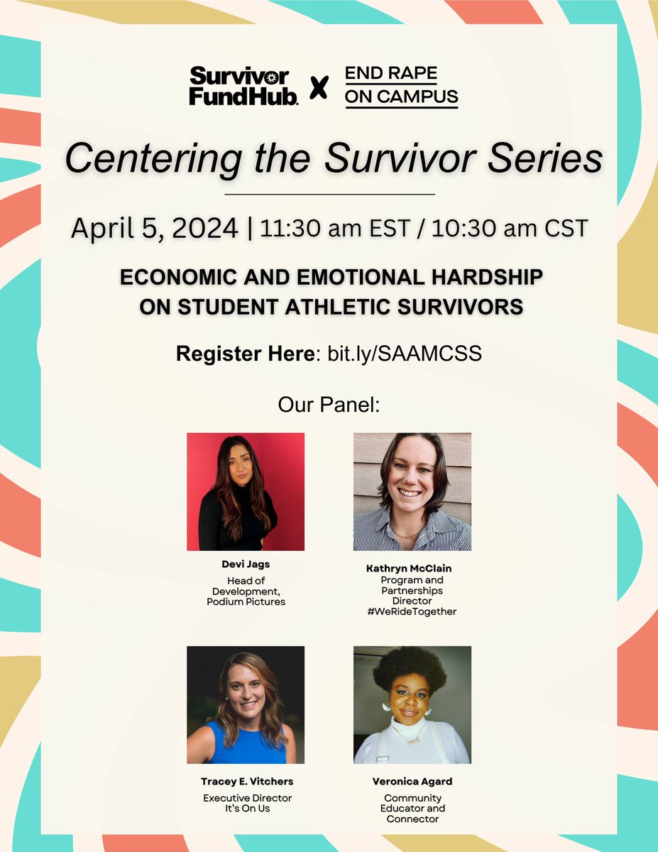 Join us and our co-hosts at Survivor Fund Hub, for our first Centering the Survivor Series on April 5 at 11:30 am ET. We’ll discuss the “Economic & Emotional Hardships on Student Athletic Survivors”. Learn more & register at: bit.ly/SAAMCSS #SAAM2024