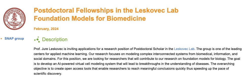 Thrilled to share that my lab is looking for postdocs! In partnership with @ChanZuckerberg, we're focusing on developing massive biomedical foundation models to create an AI-powered virtual cell. Dream of harnessing the power of 1,000 H100s? Apply now at: snap.stanford.edu/apply/index-po…