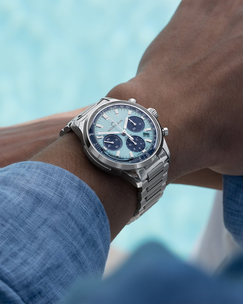 Dive into summer with the confident allure of the Freedom 60 Chrono Sky Blue. #calgaryjewellery #norqain #swisswatch #timepiece #watch #watchcollector #wristroll #luxury #lifestyle #calgary #yyc #17thave⁠ #horology #dailywatch #watches #watchoftheday #wristshot