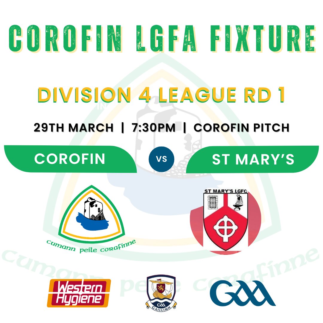 LGFA FIXTURE Our 2nd adult team are on duty tomorrow evening as they kick off their Div4 campaign by hosting St Mary's 1st adult team. Please come to the pitch to support the team! 🏐 v St. Mary's LFC 📍 Corofin Pitch ⏲️ 7:30pm 📅 Fri, 29th March #CorofinAbú #WomenInSport