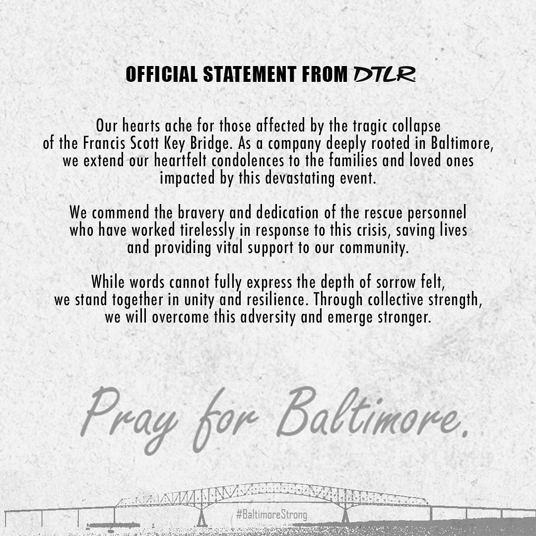 💔 Our hearts ache for those affected by the tragic collapse of the Francis Scott Key Bridge. As a company deeply rooted in Baltimore, we extend our heartfelt condolences to everyone impacted by this devastating event. #BaltimoreStrong #DTLR