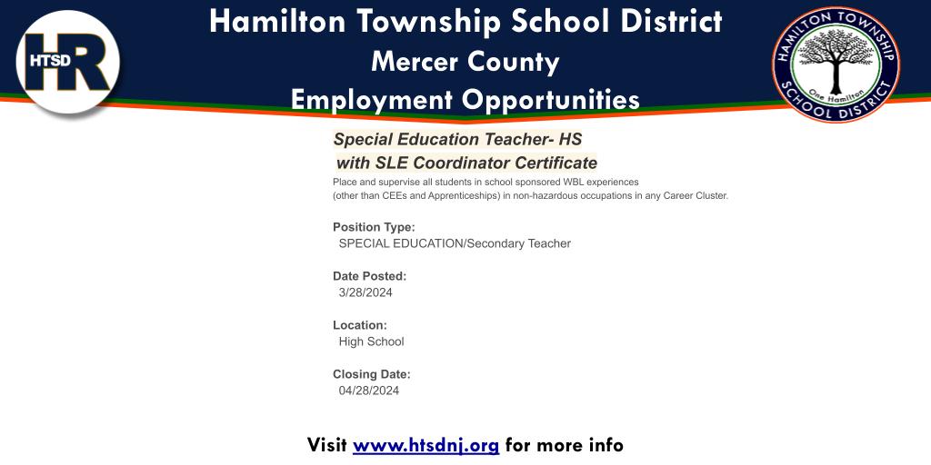 Online Employment Application | Open Positions: Special Education Teacher with SLE Coordinator Certificate applitrack.com/hamilton/onlin…