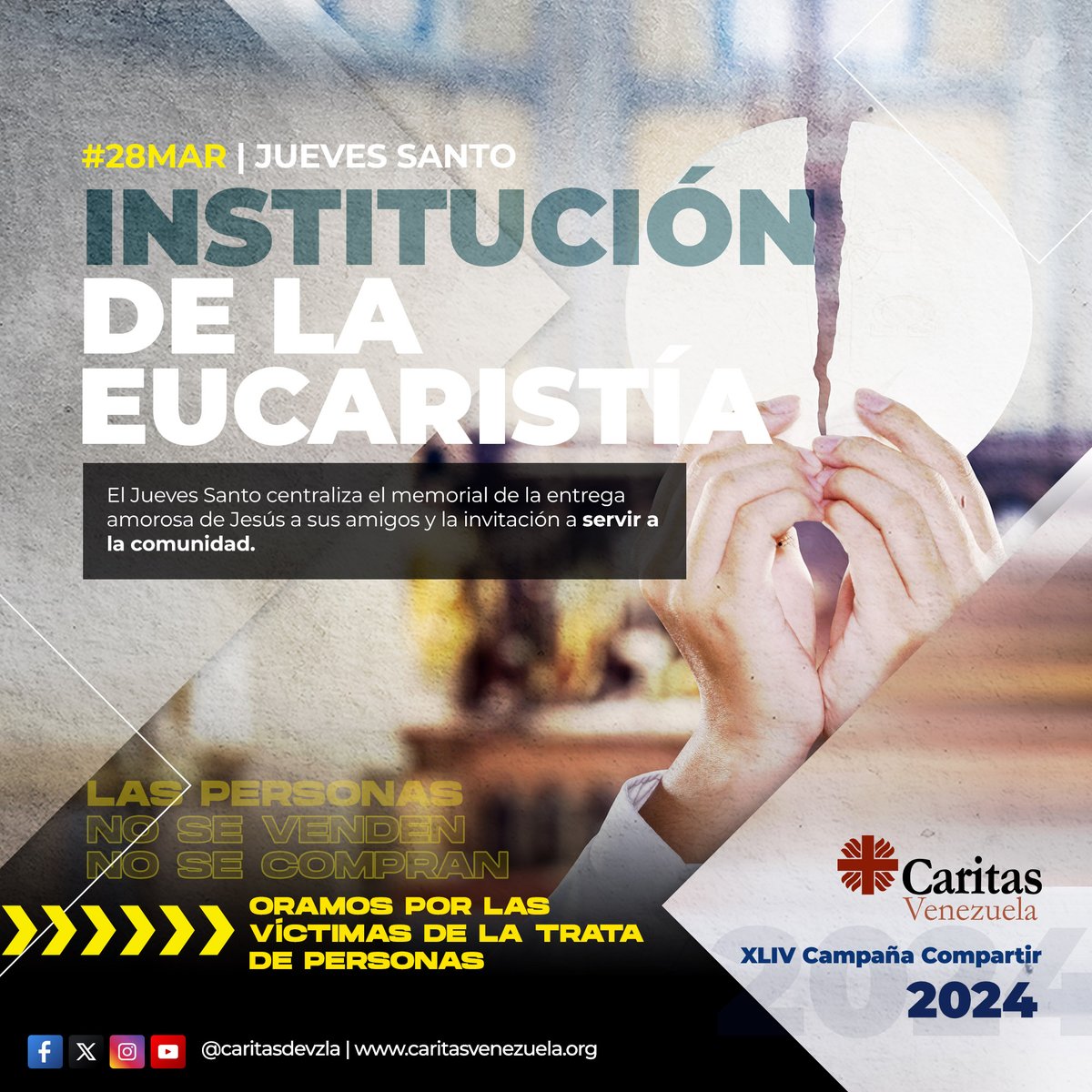 Hoy #JuevesSanto recordamos la institución de la Eucaristía, un acto de amor y entrega total de Jesús por la humanidad. En este gesto de comunión, encontramos el ejemplo más grande de solidaridad y generosidad. 💛✨ #SemanaSanta2024 #CampañaCompartir2024 #LaVidaNOesunaMercancía