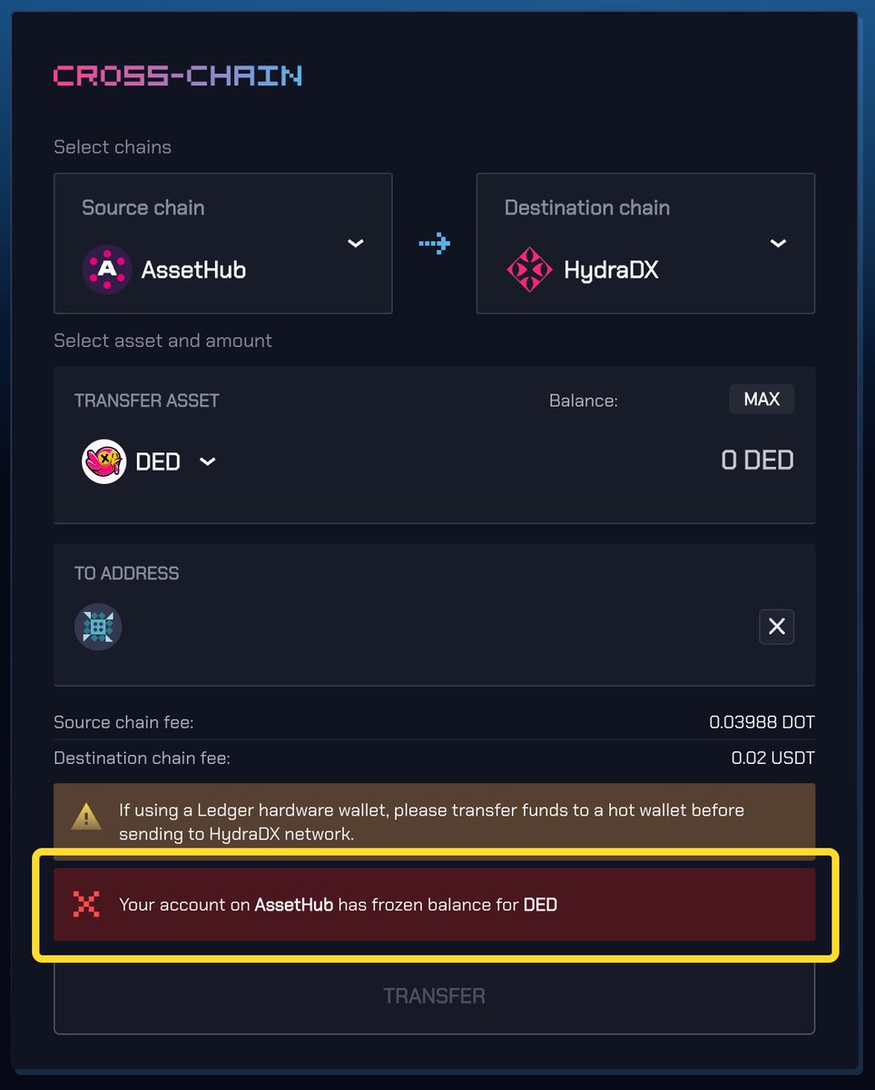 As @dotisded DED tokens have begun the thawing process, we have added AssetHub <> HydraDX DED transfers to our CROSS-CHAIN UI 🔀 ⚠️You cannot transfer if your DED is still frozen 🧊, and you'll need USDT & DOT on your AssetHub account in order to successfully transfer your DED -