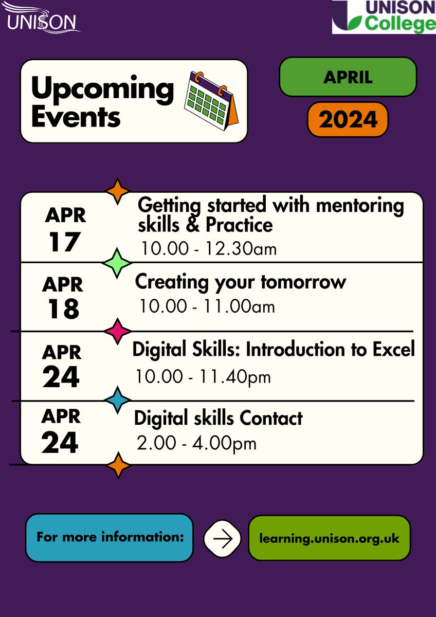 Easter greetings! Here’s a taste of some the upcoming courses and events in April :) For more information and to register, please visit: learning.unison.org.uk/events/ Any questions, see you in the comments section below :)