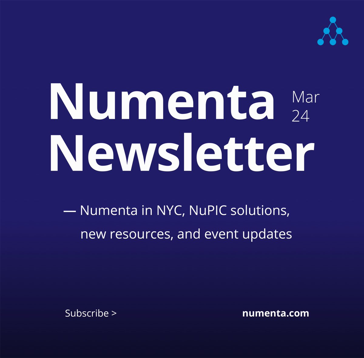 Check out our latest newsletter to learn more about Numenta in NYC this week, our new AI-based solutions, and more.

Read here: numenta.com/company/newsle…
