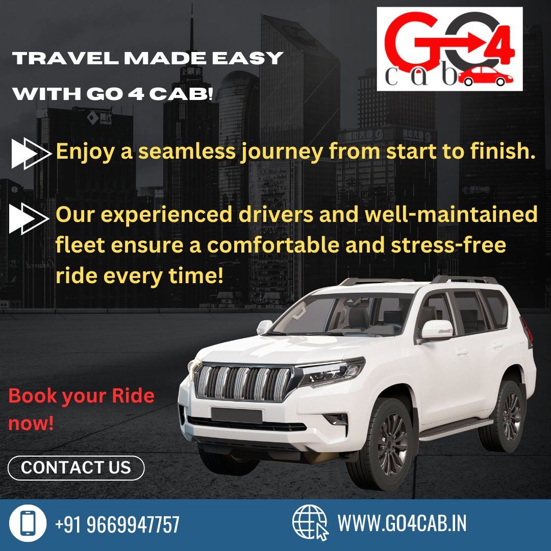 Book your ride now and experience the difference! Comment or DM for details. 📩🚀 Let's make travel easy together! 

#Go4Cab #TravelConvenience #EffortlessRides #BookWithEase #TravelWithComfort #SeamlessJourney #ComfortTravel #ReliableService #HassleFreeTravel #BookYourRide