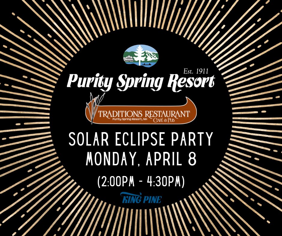 KingPineSkiArea's tweet image. We&apos;re getting closer and we&apos;d love for you to join us! Celebrate on King Pine&apos;s new base lodge deck with heavy hors d’oeuvres, a cash bar with beer, wine, eclipse cocktails and some great swag. Purchase your tickets by calling (603) 367-8896! #EclipseEvent #NH #KingPine ☀️🕶️🌑🥳