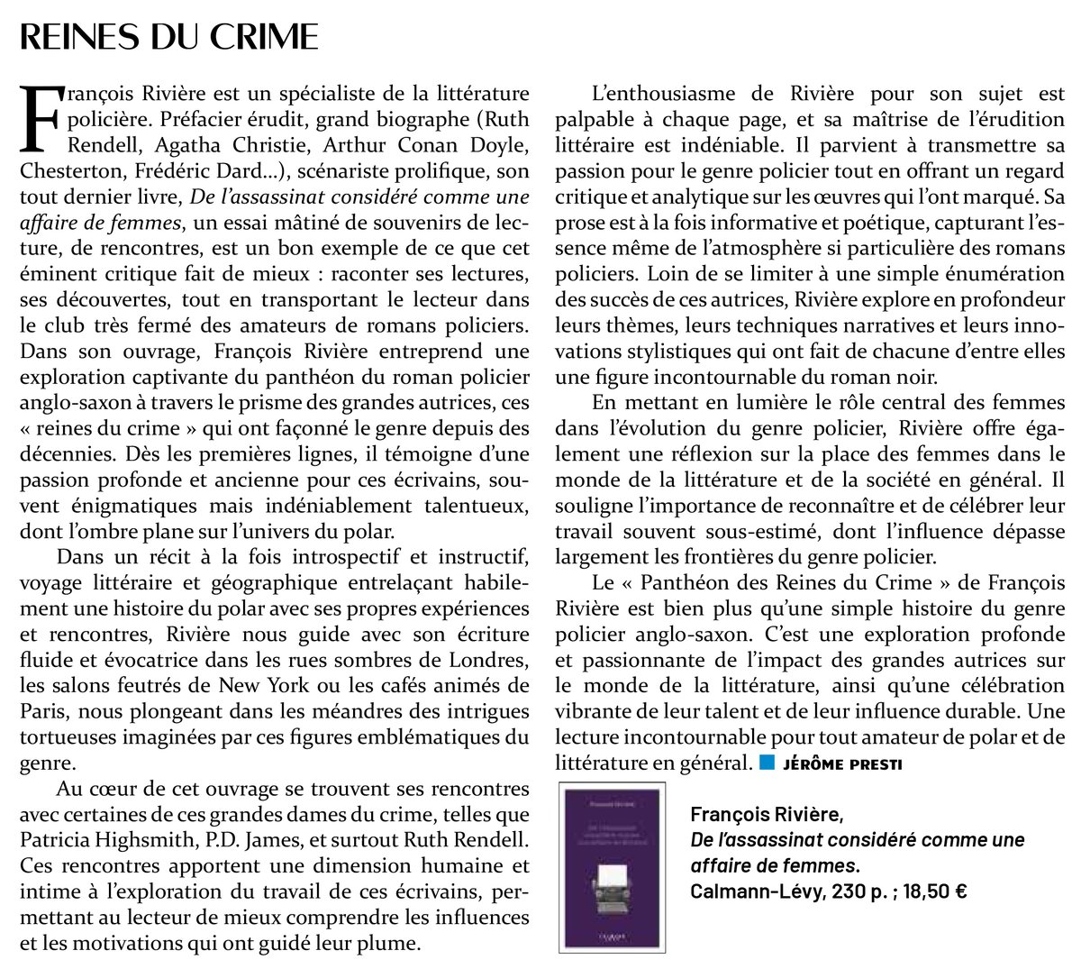 Ma chronique du mois pour 'Politique magazine' porte sur le dernier livre de François Rivière. 
#lecture #littérature #livre #whodunit #romanpolicier #romans #reinesducrime #policier