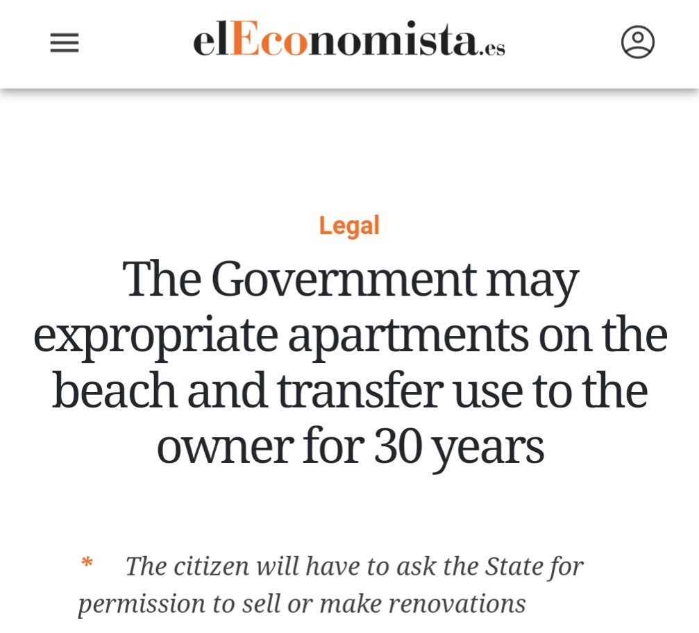 The Spanish government is set to steal beachfront real estate and 'let the owners use it' for 30 years. Bitcoin is the only property that cannot be confiscated.
