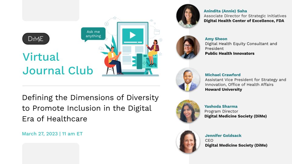 It was pleasure to join the Digital Medicine Society's (DiMe) March journal club meeting. We had an insightful discussion regarding the opportunities to intentionally developing and deploying digital health technologies with an inclusion focus. #digitalhealth#healthequity