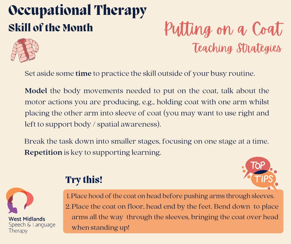 Our #OccupationalTherapy skill of the month is building independence when putting on a coat! 🧥 Check out these activities and strategies to help support this #otskill #sbot