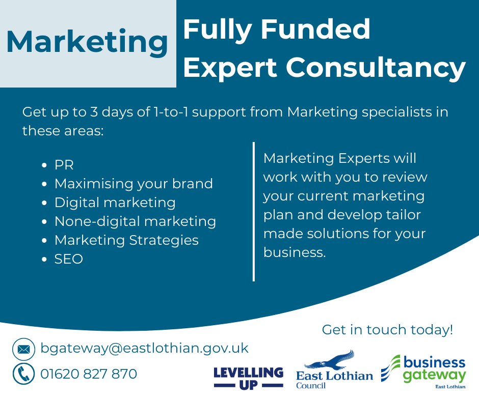 Are you looking to increase sales? Reach new #markets? Grow your client base? If that's you, make use of @ELCouncil's Expert Help programme and get up to 3 days worth of #MarketingConsultancy from an expert. Get in touch today at bgateway@eastlothian.gov.uk @BGEastLothian