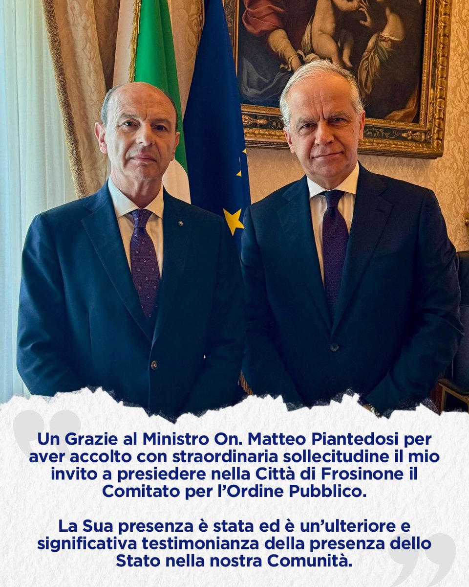 Un Grazie al Ministro On. Matteo Piantedosi per aver accolto con straordinaria sollecitudine il mio invito a presiedere nella Città di Frosinone il Comitato per l’Ordine Pubblico.
 #riccardomastrangelisundaco #frosinone #sicurezza