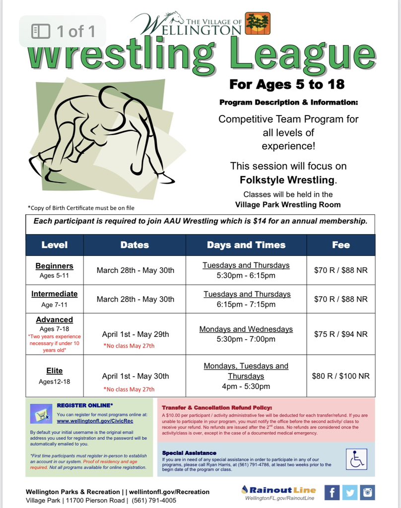 Spring wrestling is now in session! Online registration has closed, so you will need to register in person. Looking forward to seeing everyone back on the mat!