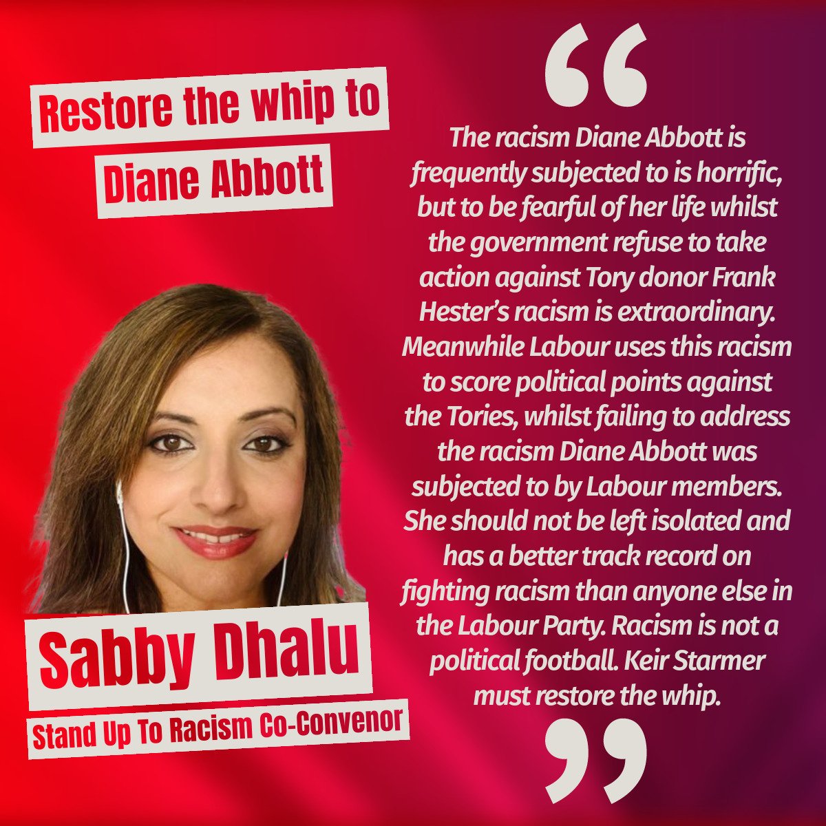 Co-Convenor of @AntiRacismDay @SabbyDhalu on @HackneyAbbott's campaigning record and the need for the party leadership to #RestoreTheWhip- you can sign the petition here: actionnetwork.org/petitions/rest…