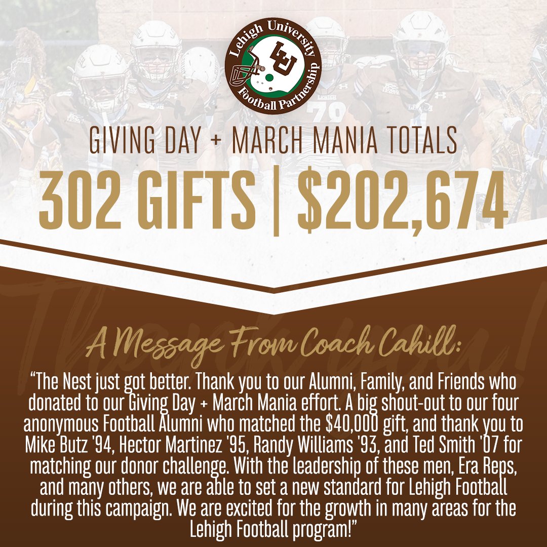 Most overall dollars. Most overall donors. Thank you all for your support as we continue to build #TheNest ! #GoLehigh