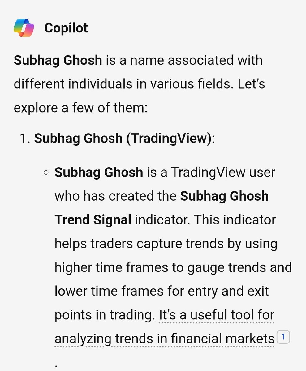 Just ask Microsoft AI tool, Co Pilot:-copilot.microsoft.com Who is Subhag Ghosh? This is the reply: Amazing 👏 🤩 #trading #nifty #banknifty #tradingview