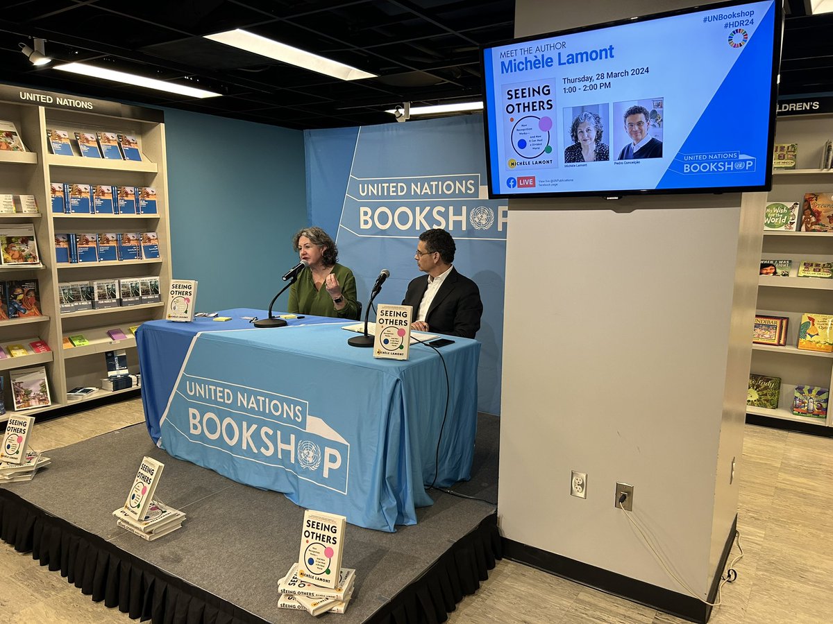 unpublications's tweet image. Happening NOW at the #UNBookshop author @mlamont6 discusses her bestselling book #seeingothers with @pedrotconceicao, director of @HDRUNDP. Don’t miss this inspirational conversation about #HumanDevelopment. Watch live here: facebook.com/unpublications