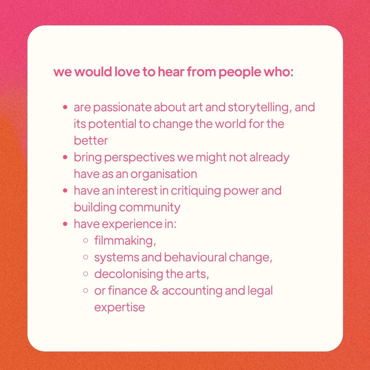 We’re recruiting for Trustees & Co-chairs on our board! 🚨✨ Be part of an exciting new era for TOA as we reimagine our work bridging film, art, & positive social change 🤩 Please share far and wide! Full role descriptions: takeoneaction.org.uk/about/jobs/