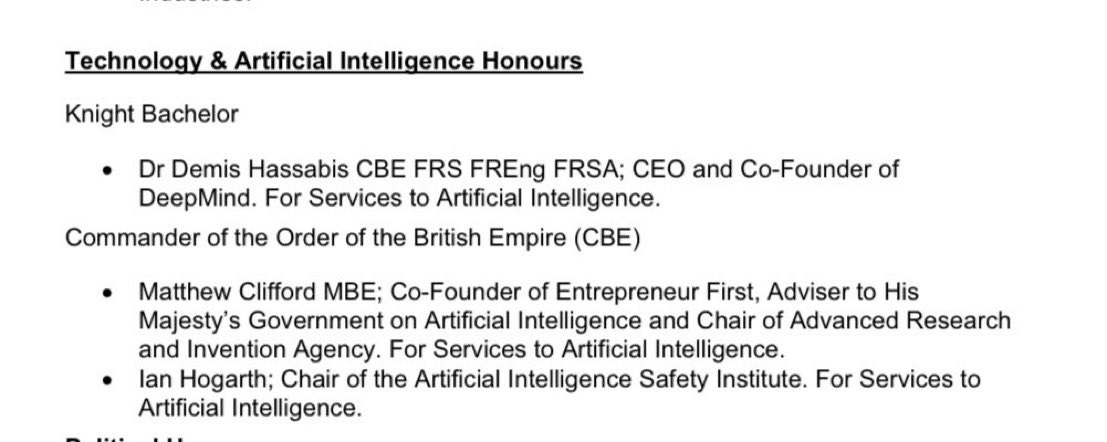 Great honour to be awarded a CBE by the King today for services to AI. Getting the Summit and AI Safety Institute off the ground has been a huge collective effort; I’m so grateful to the incredible team that made them happen (and congrats to @demishassabis and @soundboy!)